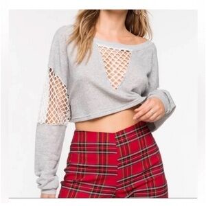 🪞 NEW grey mesh paneled cropped long sleeve light sweater top